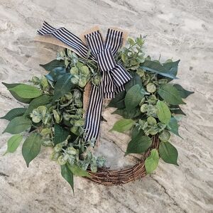 New! Artificial Door Wreath 15 inch, Tan Brown Bow Green Decor All Season